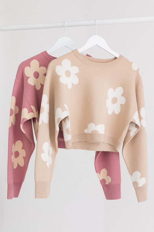 Long Sleeve Crop Sweater with Daisy Pattern